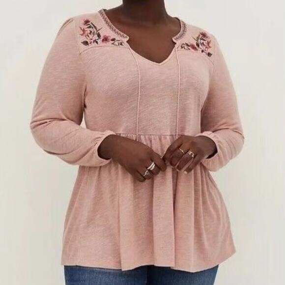 Torrid Embroidered Peasant Top Womens Size 2X Dusty Rose Tassel Babydoll Blouse - Picture 1 of 12